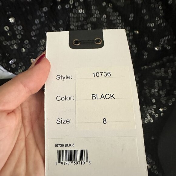 Mac Duggal Sequined Faux Wrap Puff Sleeve Trumpet Black Gown 8 #8523 - Picture 6 of 8